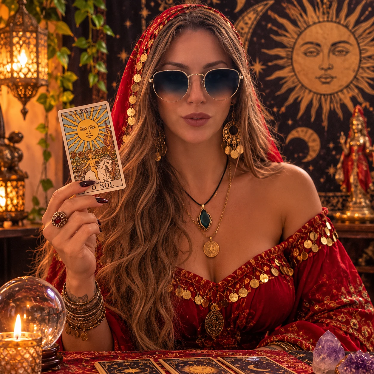 Chiara con la carta del Sole in mano